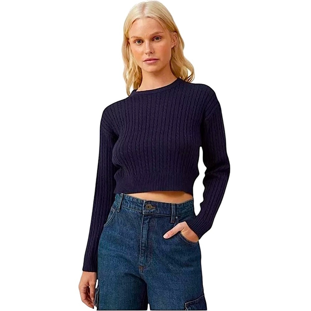 Cotton On Navy Blue Cropped Cable Knit Sweater Size Large